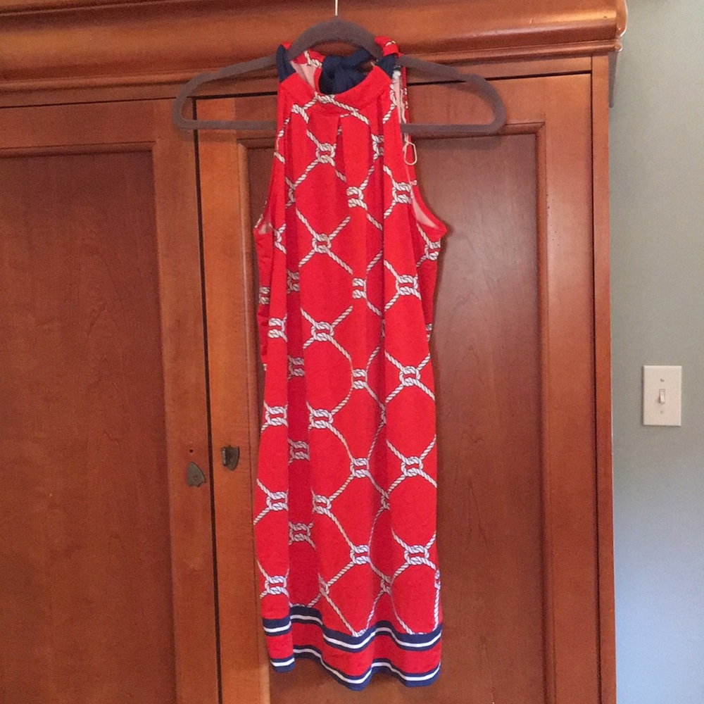 Red and navy halter dress.